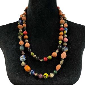 Vintage Double Strand Necklace Beaded Brown Wooden Painted Artisan Beads